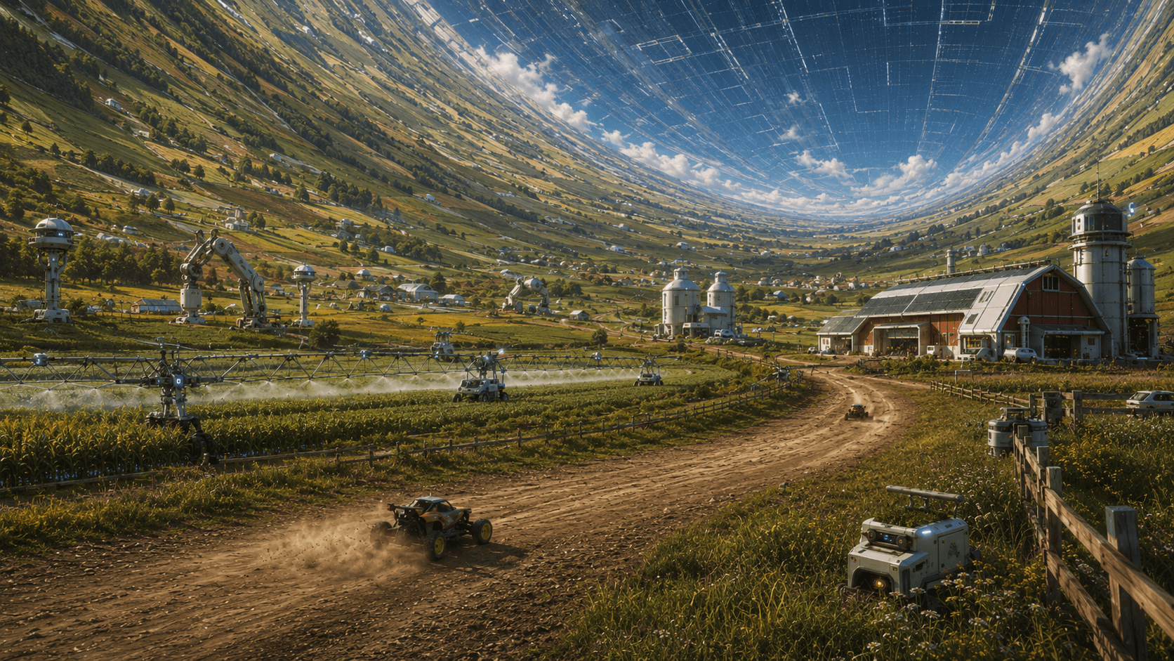 A vast green O'Neill cylinder habitat where RC karts race through agricultural terrain.