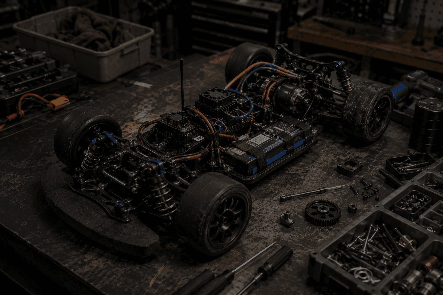An RC racing kart assembled from exposed electronics, suspension, batteries, and hardware.