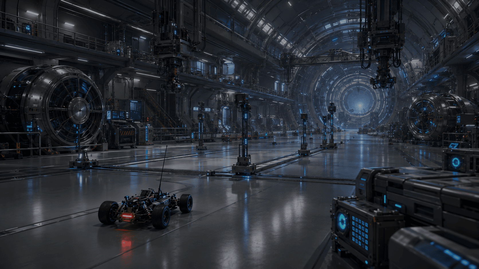 An RC kart on a polished training bay floor inside a vast orbital habitat facility.